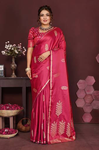 pink Satin silk floral motifs zari weaving banarasi saree
