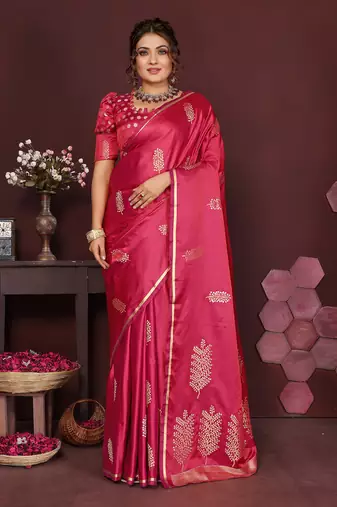pink Satin silk floral motifs zari weaving banarasi saree