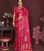 pink Satin silk floral motifs zari weaving banarasi saree