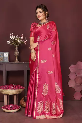 pink Satin silk floral motifs zari weaving banarasi saree
