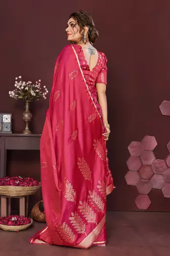 pink Satin silk floral motifs zari weaving banarasi saree