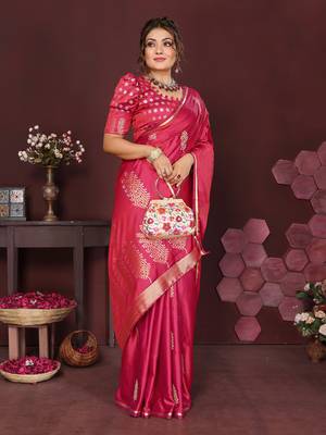 pink Satin silk floral motifs zari weaving banarasi saree 5