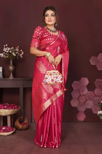 pink Satin silk floral motifs zari weaving banarasi saree