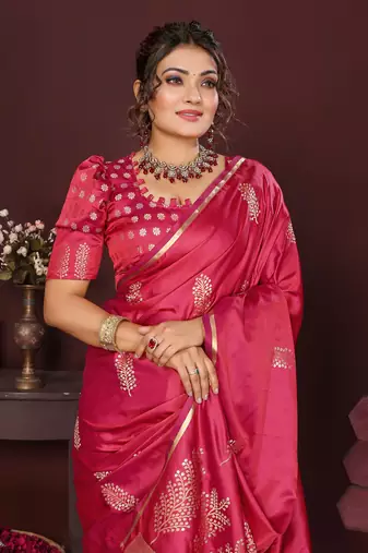 pink Satin silk floral motifs zari weaving banarasi saree