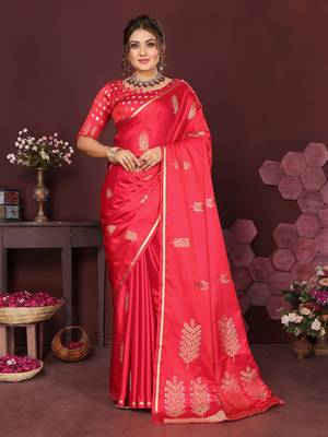 redise pink Satin silk floral motifs zari weaving banarasi saree 1