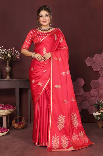 redise pink Satin silk floral motifs zari weaving banarasi saree