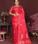 redise pink Satin silk floral motifs zari weaving banarasi saree