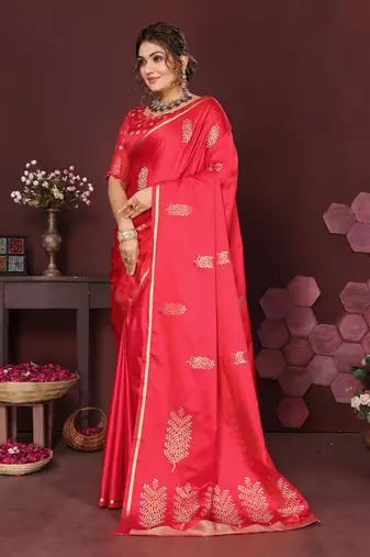 redise pink Satin silk floral motifs zari weaving banarasi saree