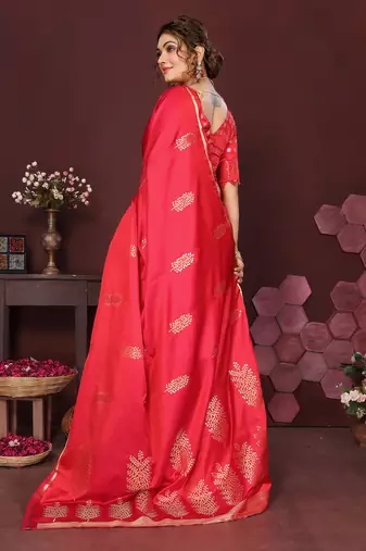 redise pink Satin silk floral motifs zari weaving banarasi saree