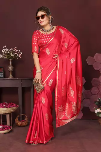 redise pink Satin silk floral motifs zari weaving banarasi saree