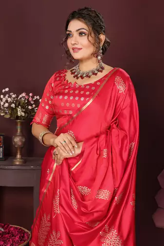 redise pink Satin silk floral motifs zari weaving banarasi saree