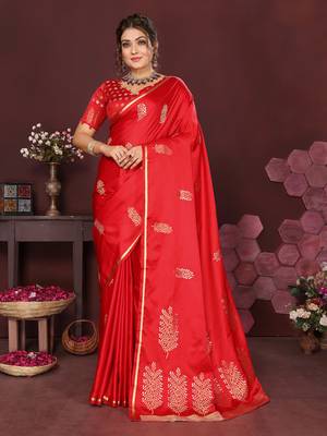 red Satin silk floral motifs zari weaving banarasi saree 1