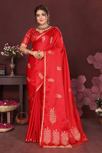 red Satin silk floral motifs zari weaving banarasi saree