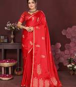 red Satin silk floral motifs zari weaving banarasi saree