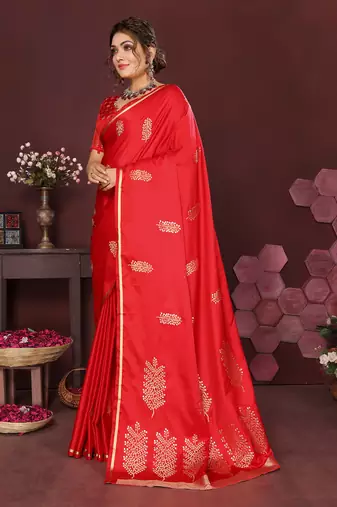 red Satin silk floral motifs zari weaving banarasi saree