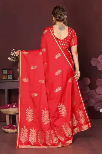 red Satin silk floral motifs zari weaving banarasi saree