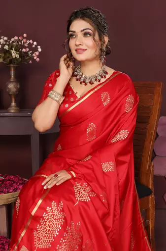 red Satin silk floral motifs zari weaving banarasi saree