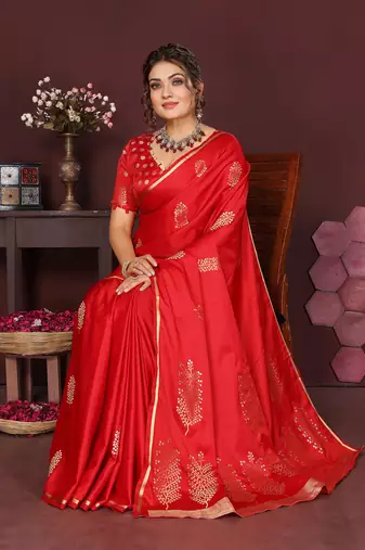 red Satin silk floral motifs zari weaving banarasi saree