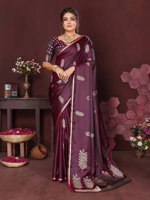 wine Satin silk floral motifs zari weaving banarasi saree 1