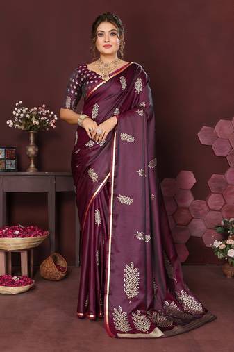 wine Satin silk floral motifs zari weaving banarasi saree