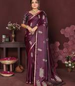 wine Satin silk floral motifs zari weaving banarasi saree