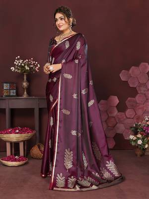 wine Satin silk floral motifs zari weaving banarasi saree 3