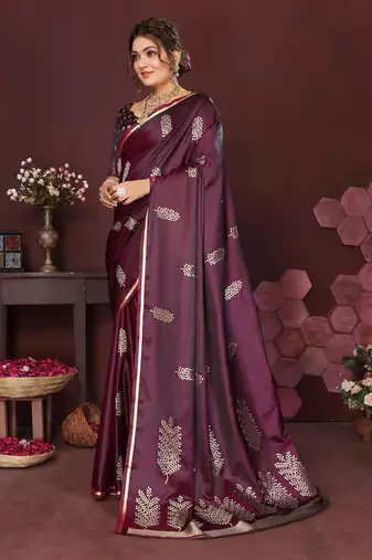 wine Satin silk floral motifs zari weaving banarasi saree