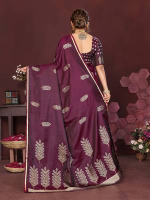 wine Satin silk floral motifs zari weaving banarasi saree 4