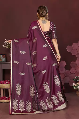 wine Satin silk floral motifs zari weaving banarasi saree