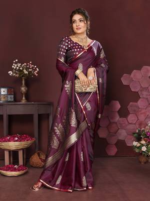 wine Satin silk floral motifs zari weaving banarasi saree 5