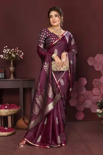 wine Satin silk floral motifs zari weaving banarasi saree