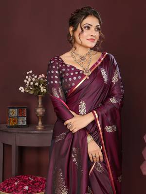 wine Satin silk floral motifs zari weaving banarasi saree 6