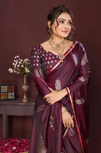 wine Satin silk floral motifs zari weaving banarasi saree