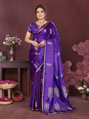 purple Satin silk floral motifs zari weaving banarasi saree 1