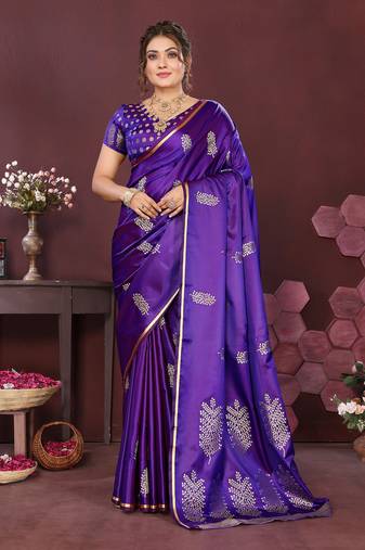 purple Satin silk floral motifs zari weaving banarasi saree
