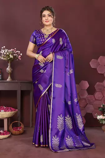 purple Satin silk floral motifs zari weaving banarasi saree