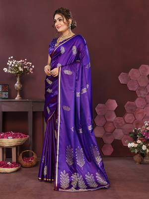 purple Satin silk floral motifs zari weaving banarasi saree 3