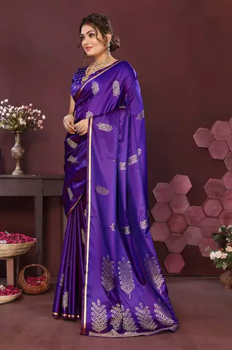 purple Satin silk floral motifs zari weaving banarasi saree