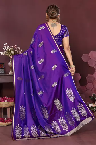 purple Satin silk floral motifs zari weaving banarasi saree