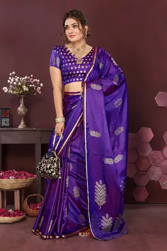 purple Satin silk floral motifs zari weaving banarasi saree