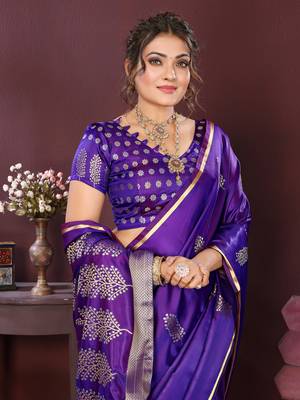 purple Satin silk floral motifs zari weaving banarasi saree 6