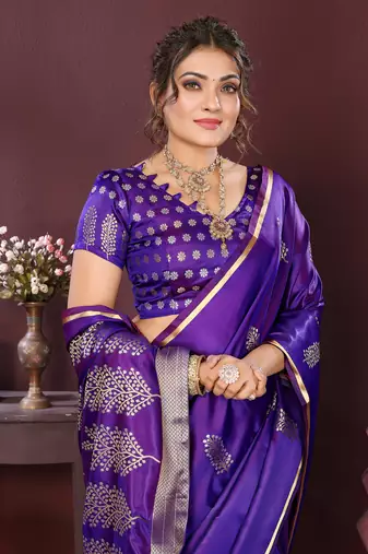 purple Satin silk floral motifs zari weaving banarasi saree