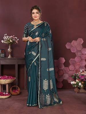 teal Satin silk floral motifs zari weaving banarasi saree 1