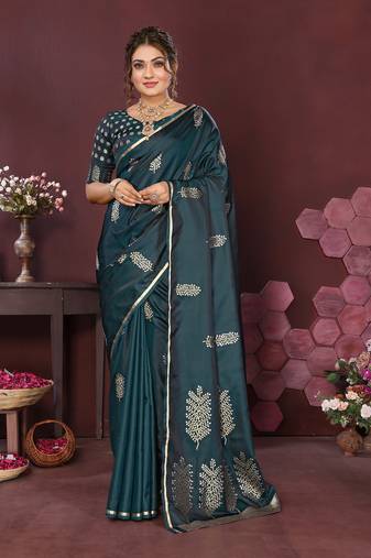 teal Satin silk floral motifs zari weaving banarasi saree