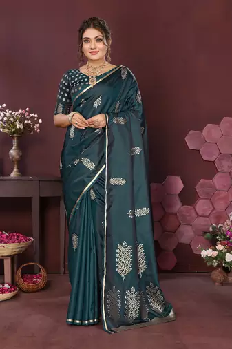 teal Satin silk floral motifs zari weaving banarasi saree