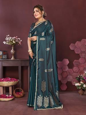 teal Satin silk floral motifs zari weaving banarasi saree 3