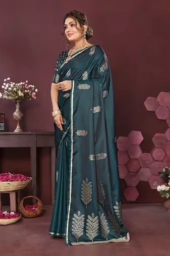 teal Satin silk floral motifs zari weaving banarasi saree