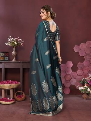 teal Satin silk floral motifs zari weaving banarasi saree 4