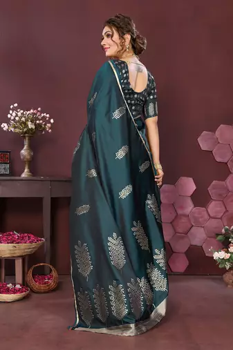 teal Satin silk floral motifs zari weaving banarasi saree