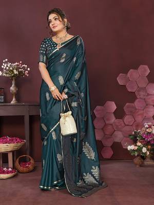 teal Satin silk floral motifs zari weaving banarasi saree 5